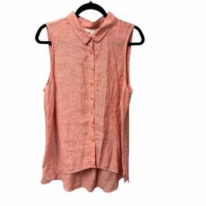 Garnet Hill European Flax Linen Sleeveless Button Up Shirt Light Red Womens 16